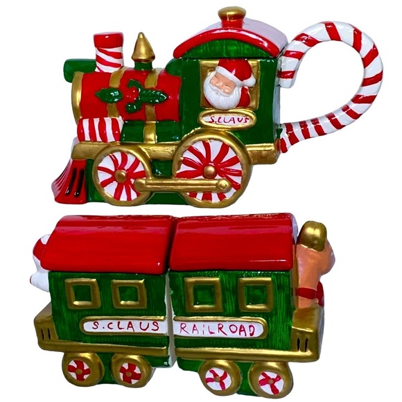 Vintage Santa Train Teapot With Nesting Creamer Sugar Bowl 3 Pieces Ceramic 1994 - Picture 2 of 16